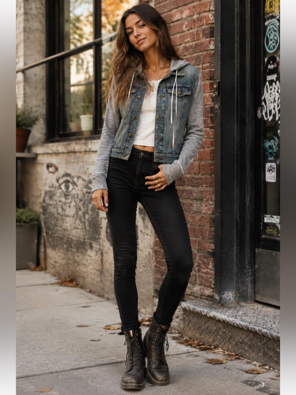 🎄🧑‍🎄💥 Free People Mixed Media Denim Jacket Jean Jacket Hoodie S